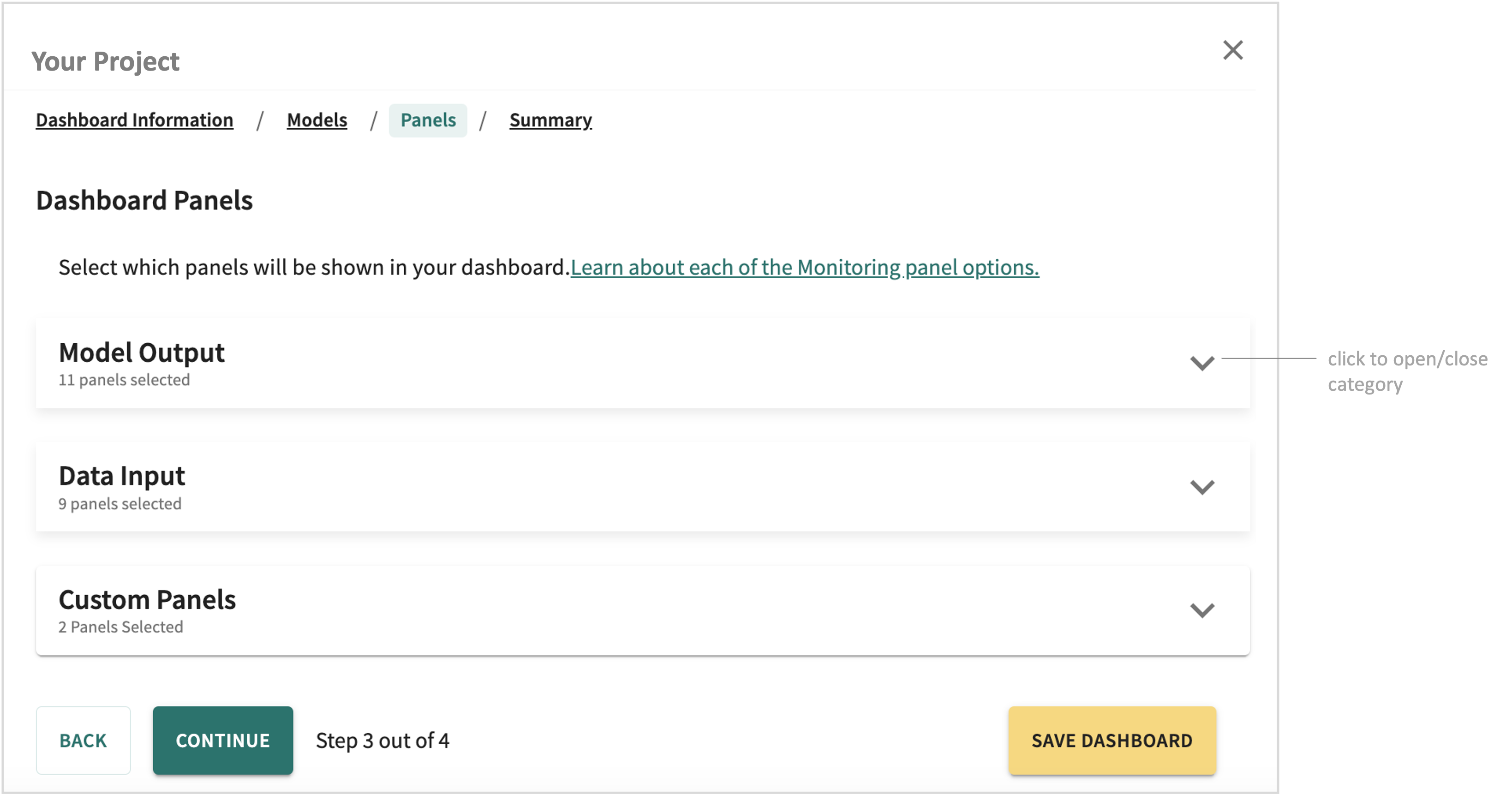 select dashboard panel selection