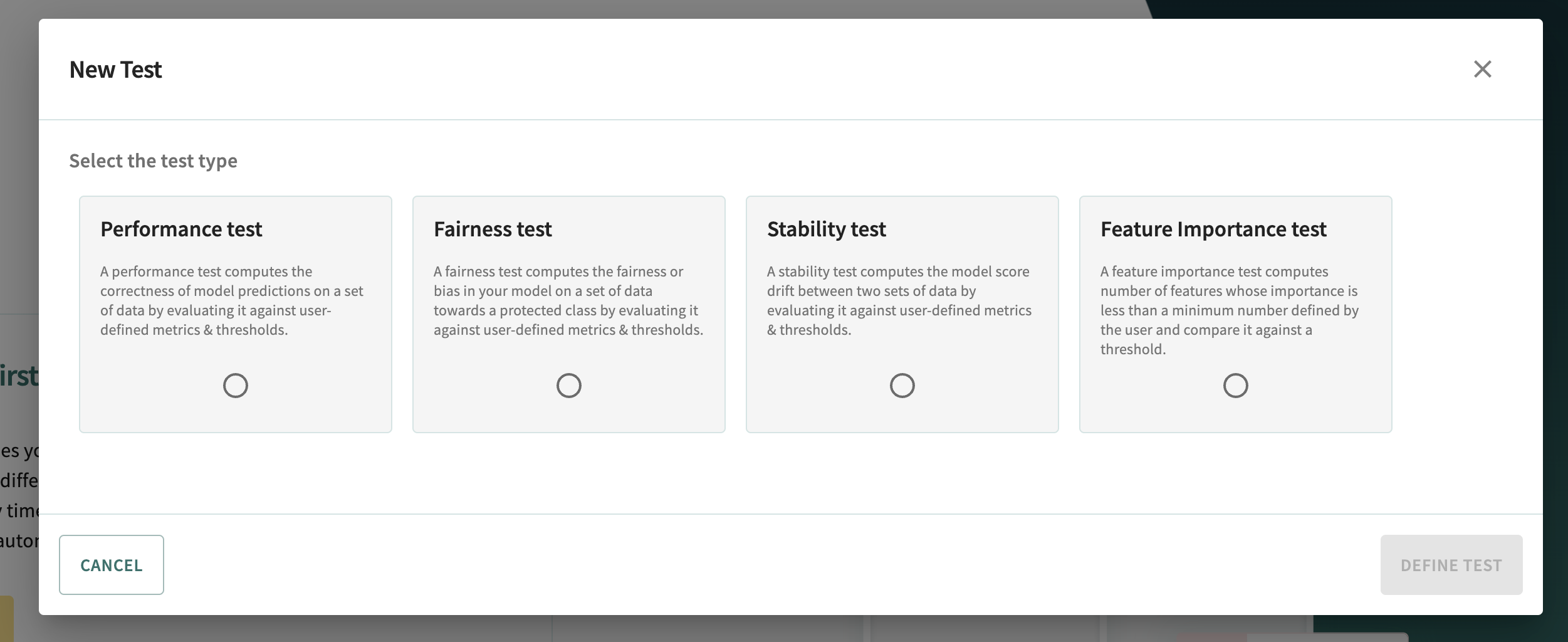 Model test creation dialog