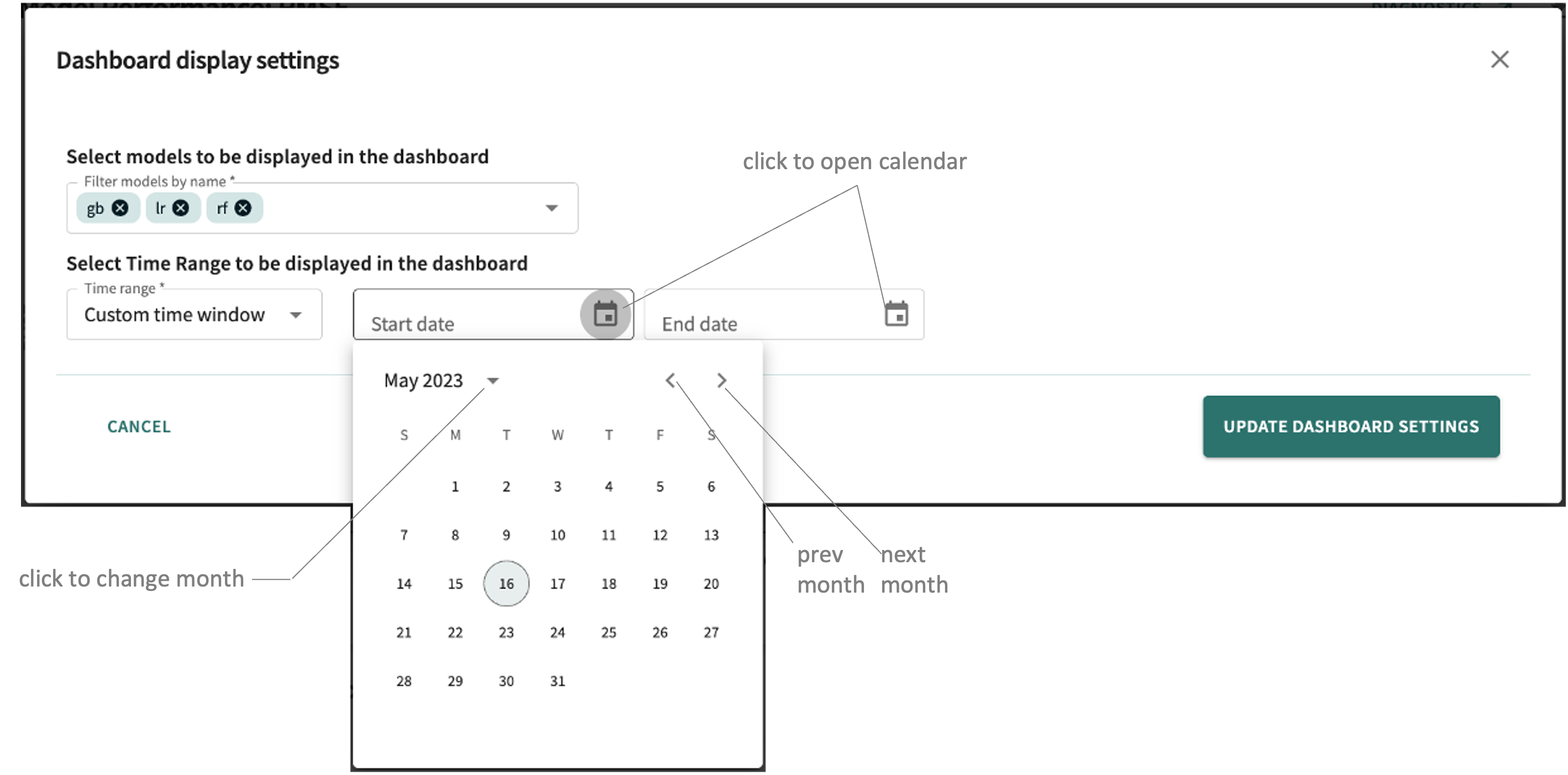 set time range start and end dates