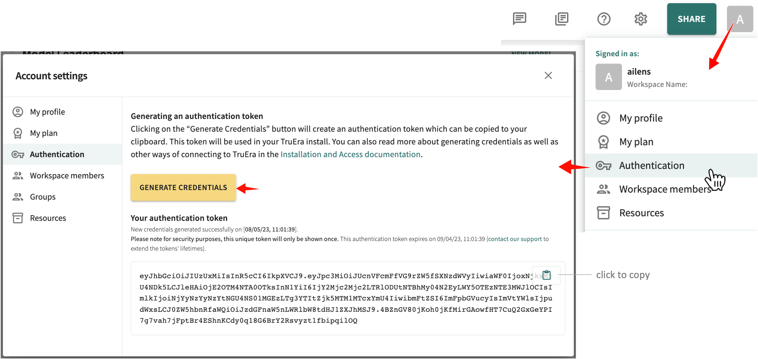 generate auth token credentials example